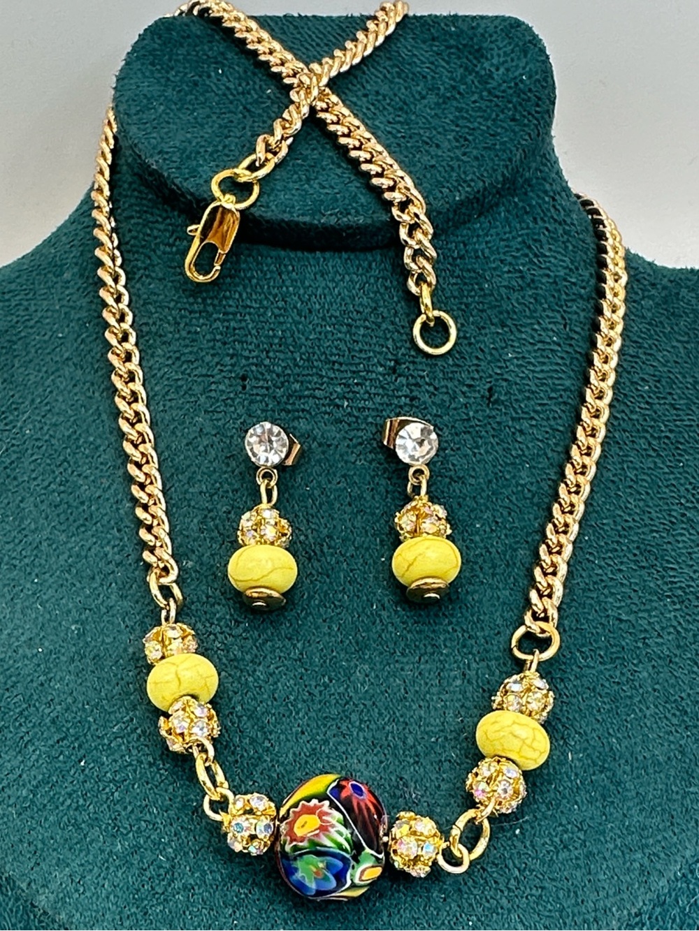 Murano Millefiori Bead Glass Necklace & Earrings Set Aurora Borealis & Gemstone
